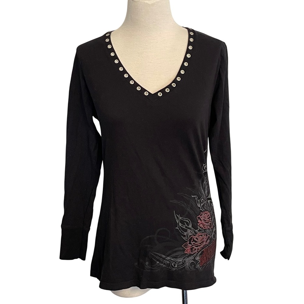 Harley Davidson‎ Indianapolis Southside Graphic Rose Long Sleeve Top Large